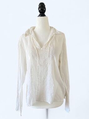 Women's White Embroidered Fairycore Boho Festival Peasant V-Neck Tunic Top